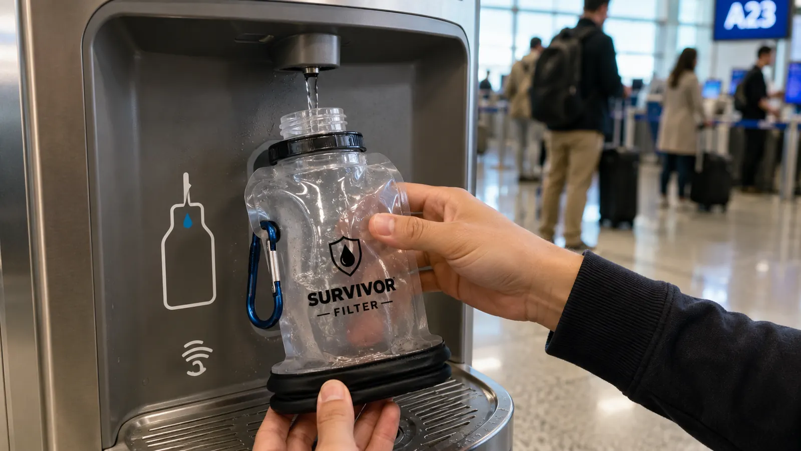 Hand unrolling and filling the Survivor Filter collapsible bottle at an airport water fountain