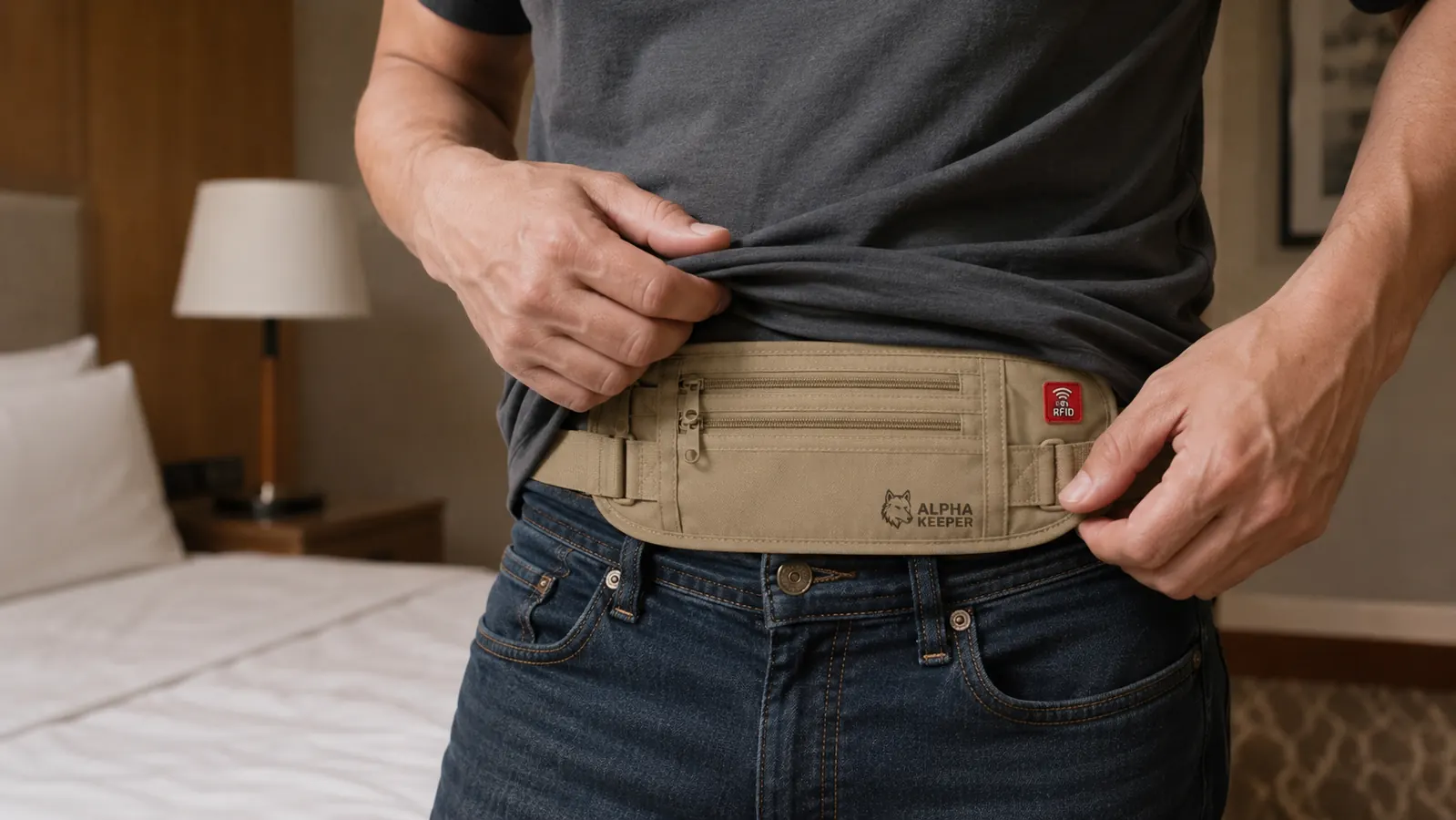 Close-up of a hand tucking a slim RFID-blocking money belt under a waistband before heading out