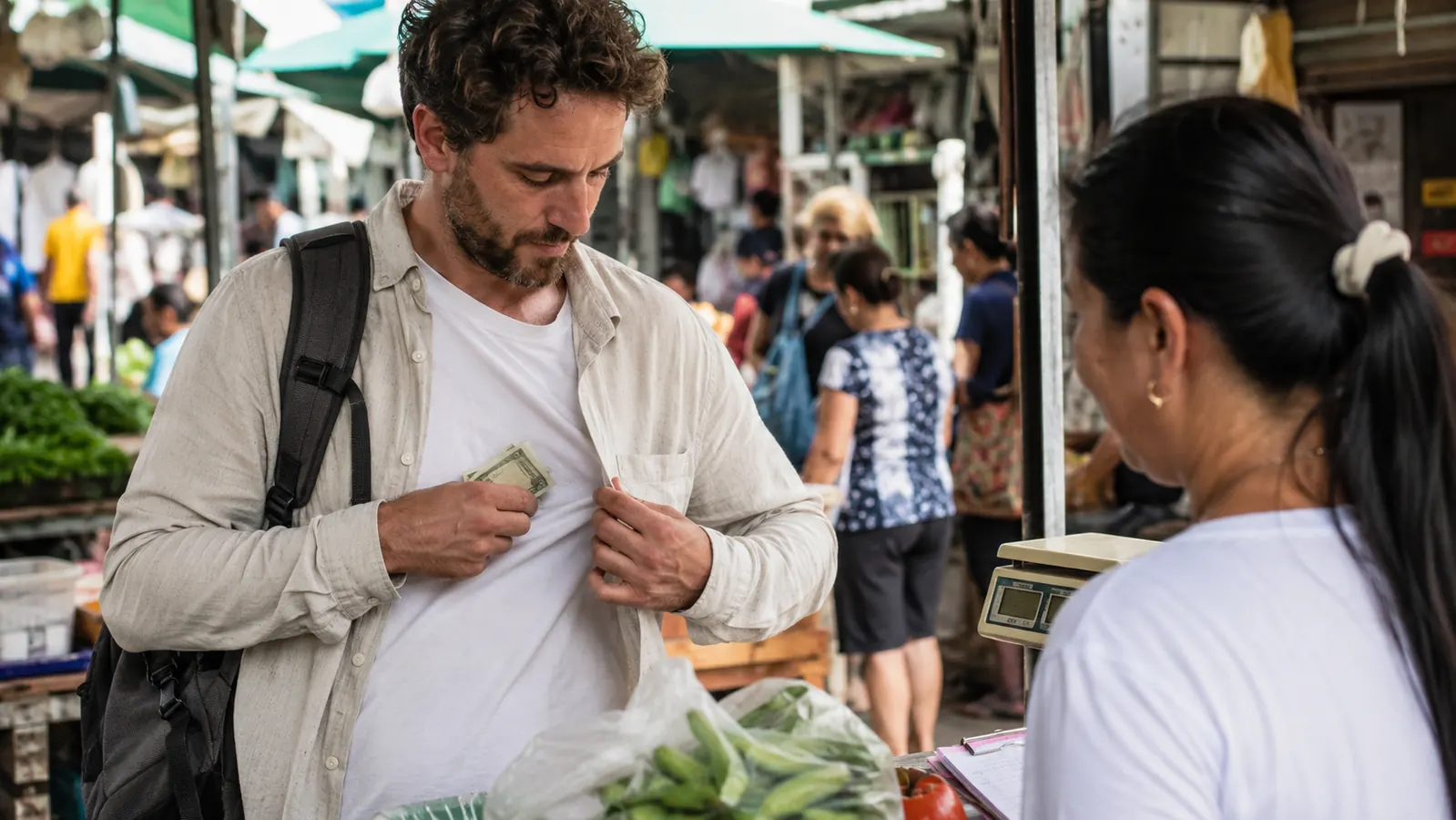 Traveler at an outdoor market stall handing over cash pulled from under their shirt, unnoticed by nearby shoppers