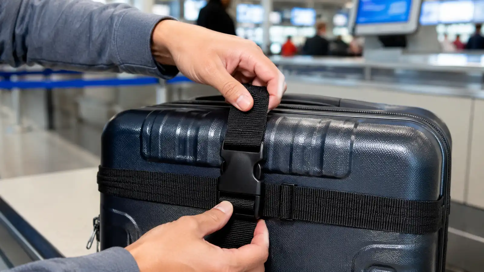 Hand buckling a TSA-approved luggage strap around a suitcase before checking it at the counter