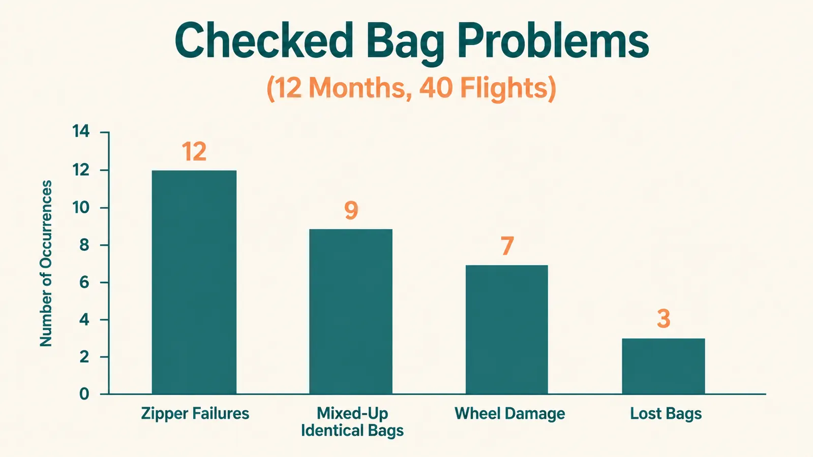 Chart showing common checked luggage problems and how often each one happens across a year of flights