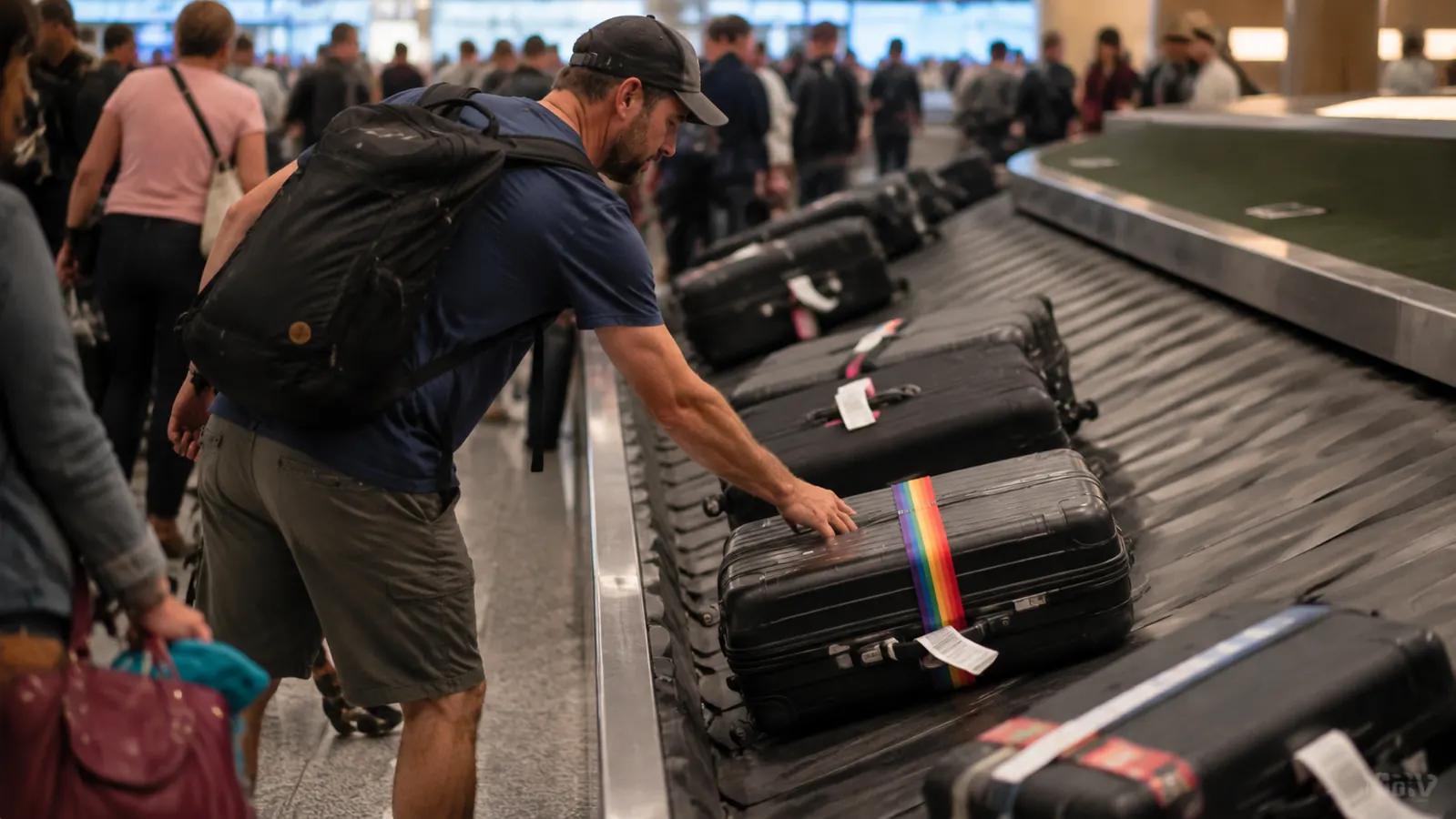 Traveler pulling a strapped suitcase off a busy baggage carousel among rows of identical black bags