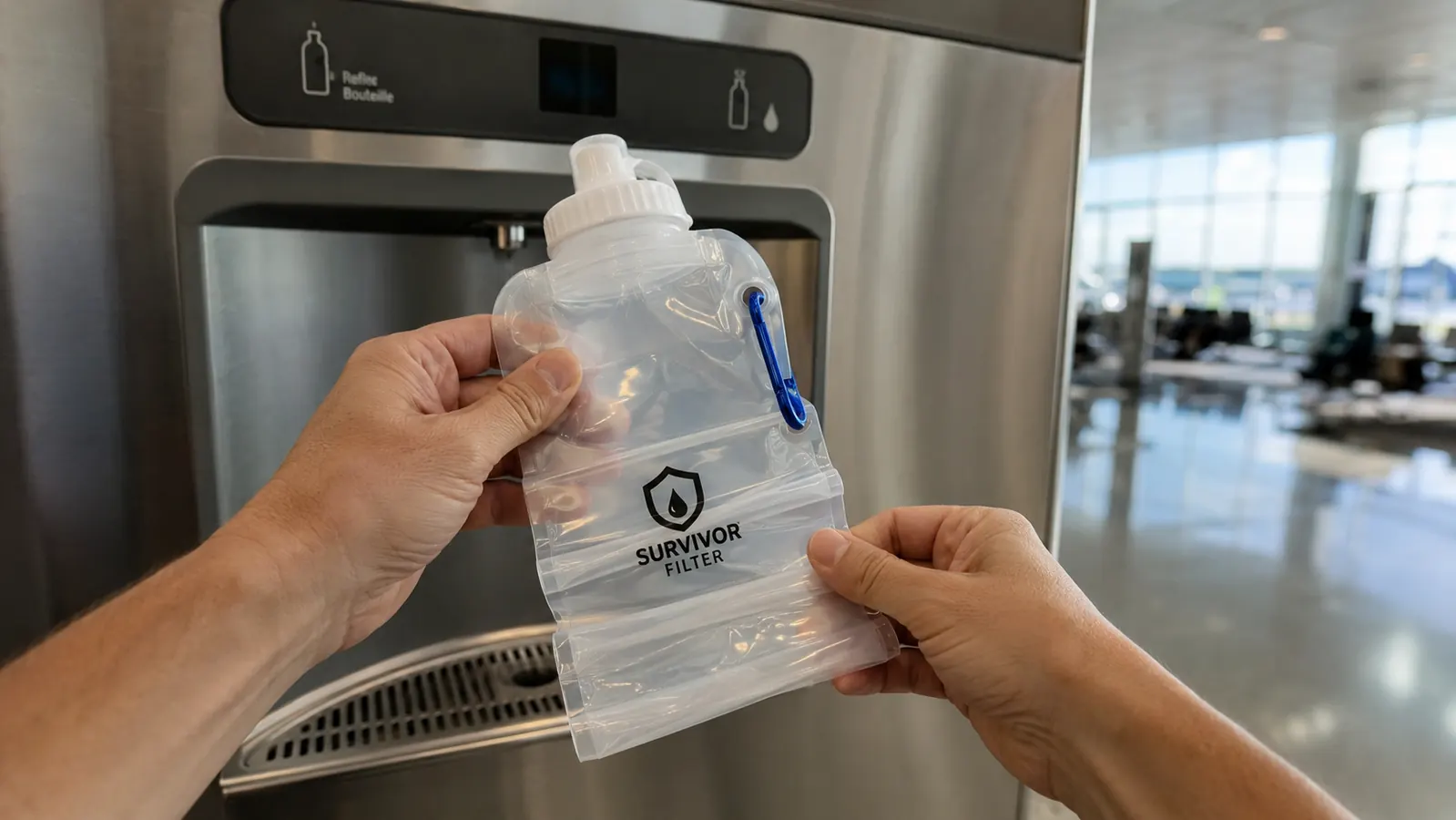 Hand unrolling a flattened clear collapsible water bottle before filling it at a stainless steel airport water fountain