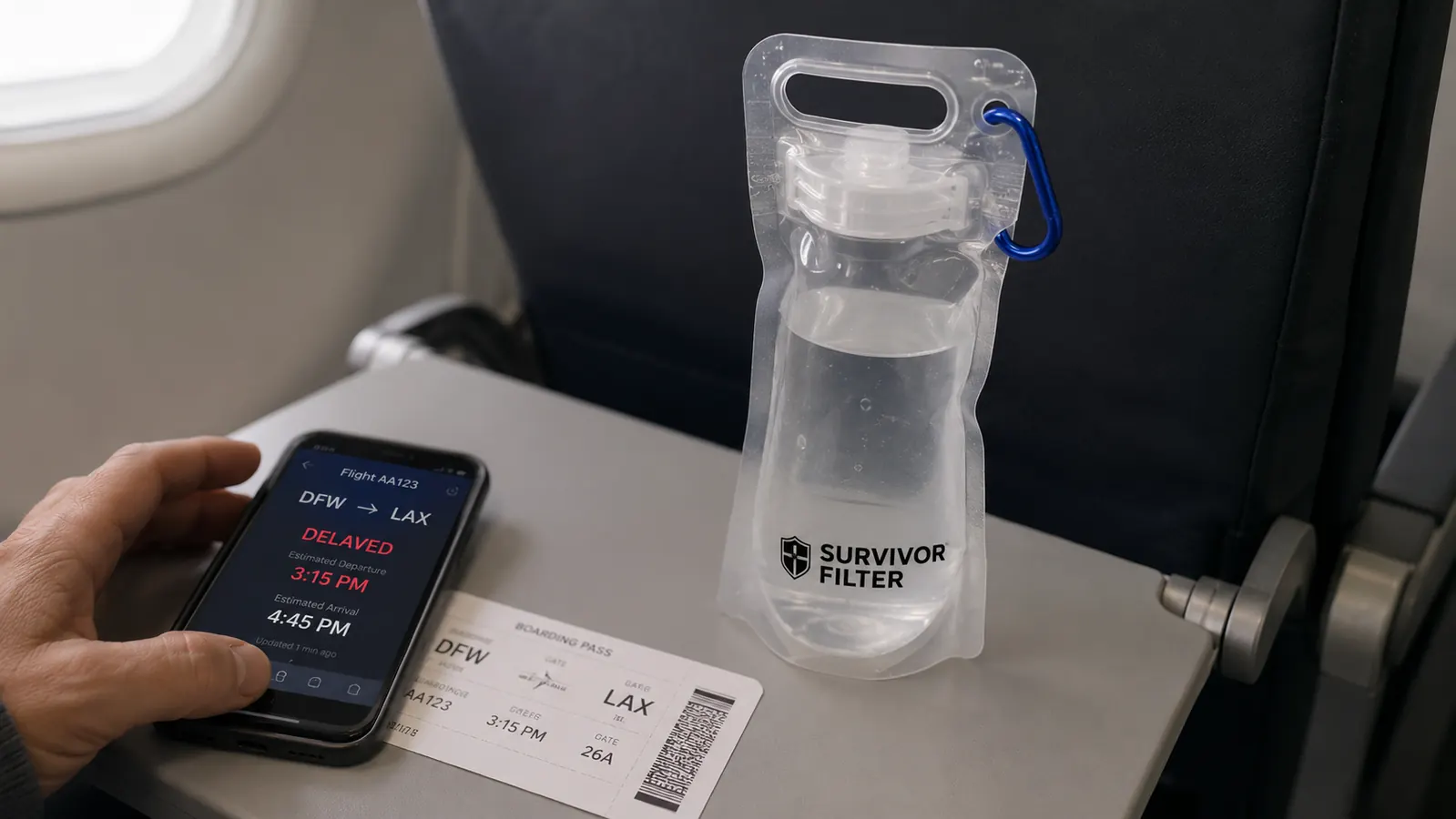 Close-up of a collapsible water bottle standing upright and full of water on an airport tray table, boarding pass beside it