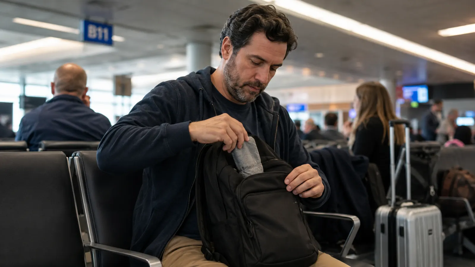 Traveler tossing a folded collapsible bottle into a carry-on backpack at a gate