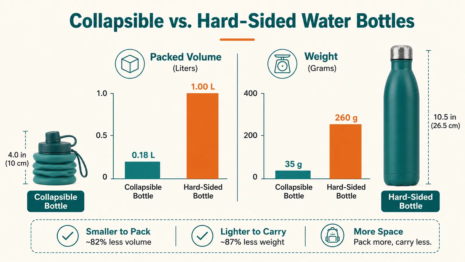 Chart showing bottle weight and packed size compared to a standard hard-sided water bottle over 6 months of use
