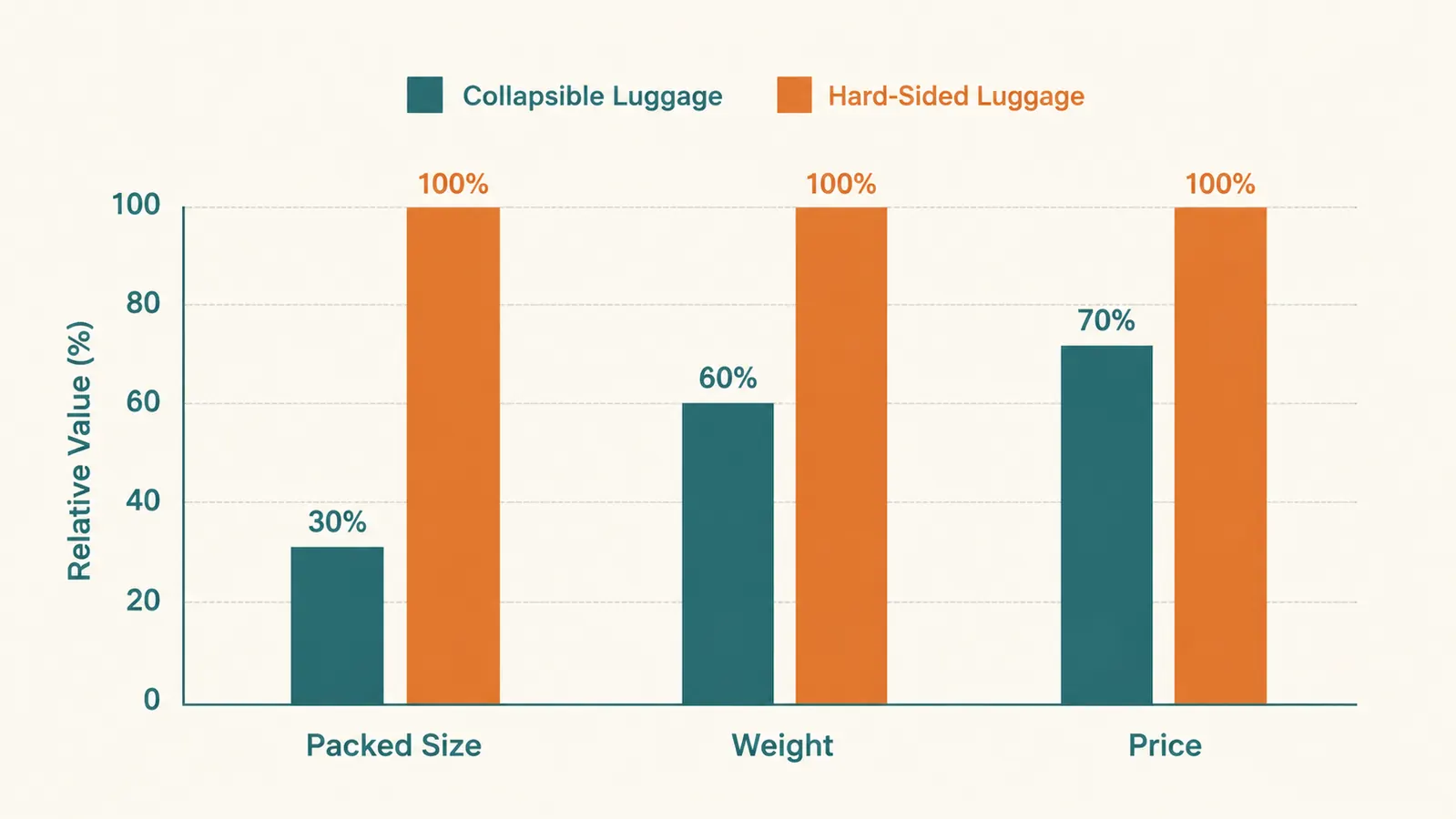 Bar chart comparing packed volume, weight, and price between a collapsible bottle and a hard-sided bottle