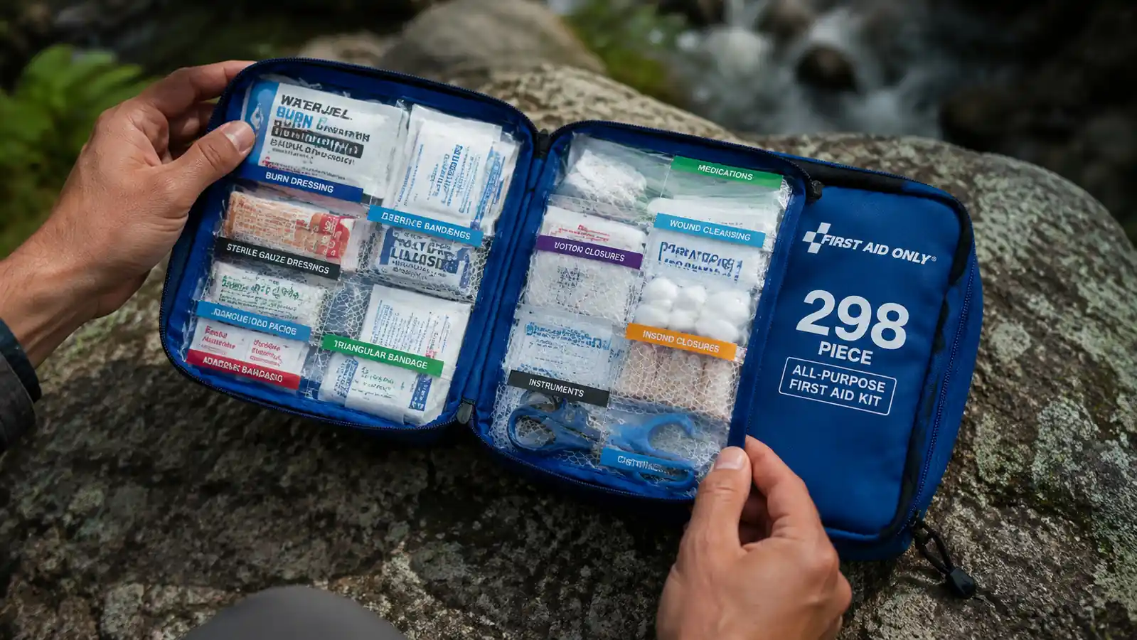 Close-up of hands opening a compact first aid kit pouch on a flat rock, bandages and antiseptic wipes visible inside