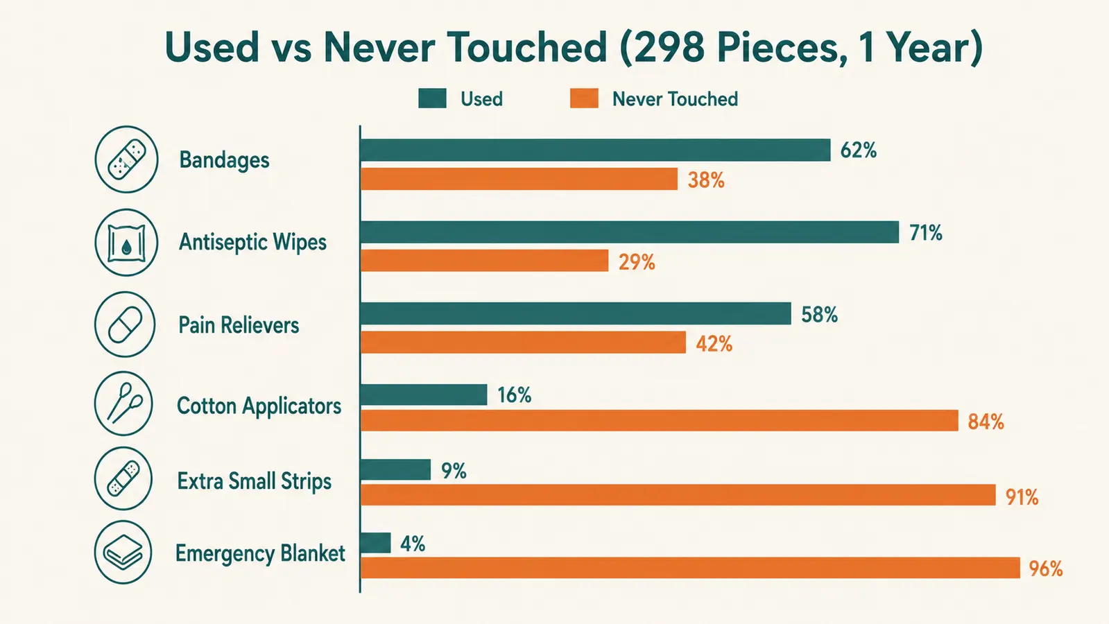 Chart comparing how many of the 298 pieces got used versus never touched over a year