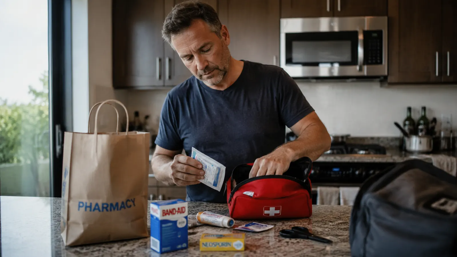 Traveler restocking a first aid kit pouch with fresh bandages from a pharmacy bag
