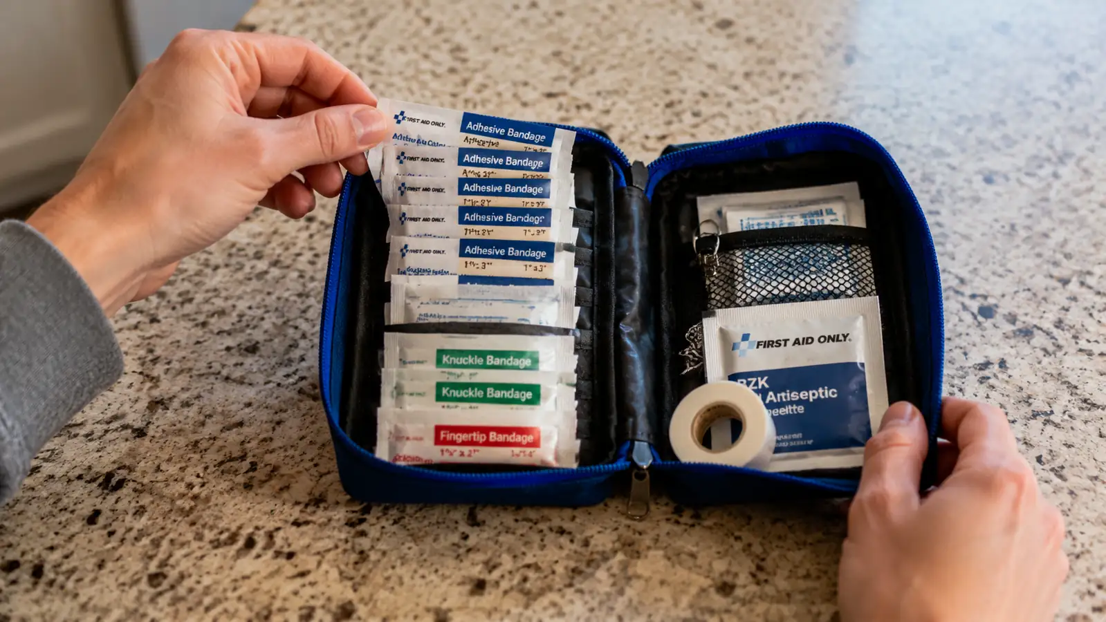 Hand pulling an adhesive bandage from the open first aid kit pouch