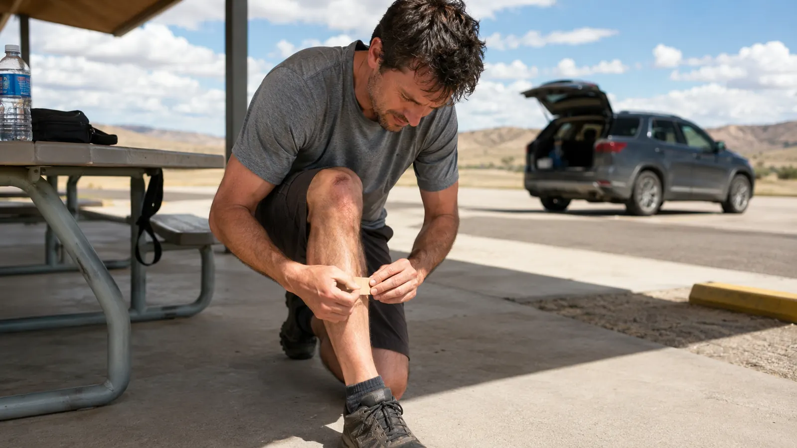 Traveler applying a bandage to a child's scraped knee at an outdoor rest stop