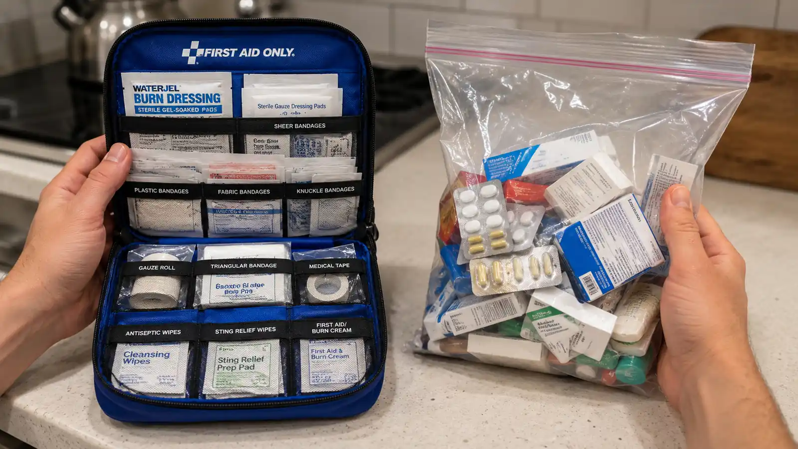 Hand holding the First Aid Only 298 piece travel pouch next to a small ziplock bag of loose supplies for comparison