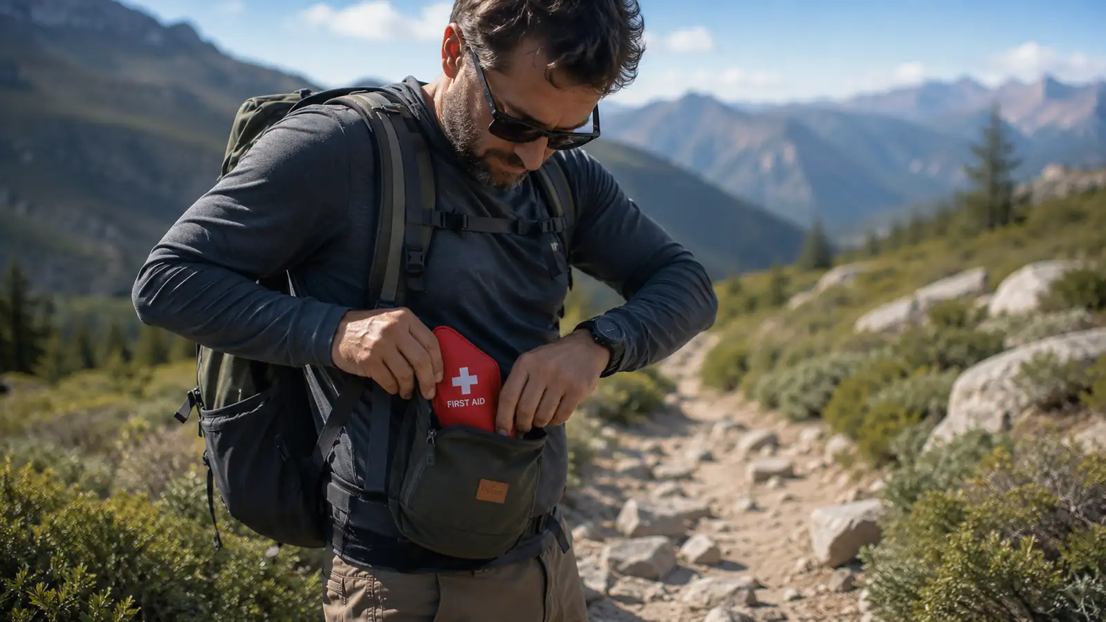 Traveler pulling a small first aid pouch from a backpack on a hiking trail with mountains in the background