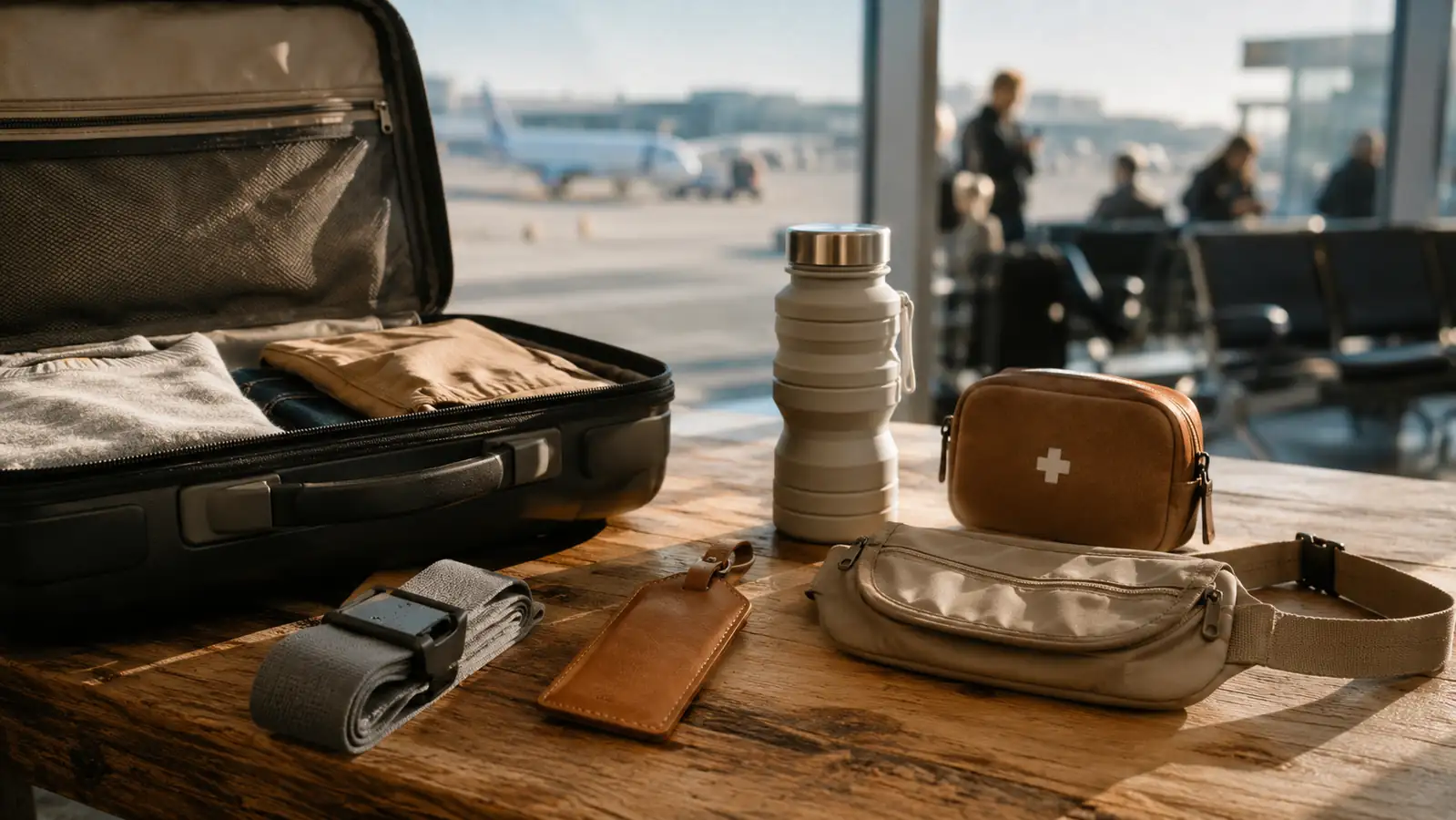 A traveler tucking a hidden money belt and small accessories into a carry-on near a sunlit window