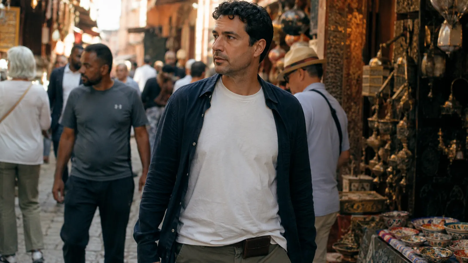 Traveler walking confidently through a crowded foreign market with a day wallet in hand