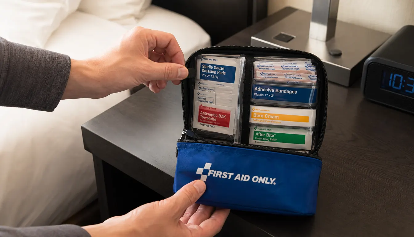 Hand opening the First Aid Only 298 piece travel kit pouch to show organized compartments of bandages and supplies
