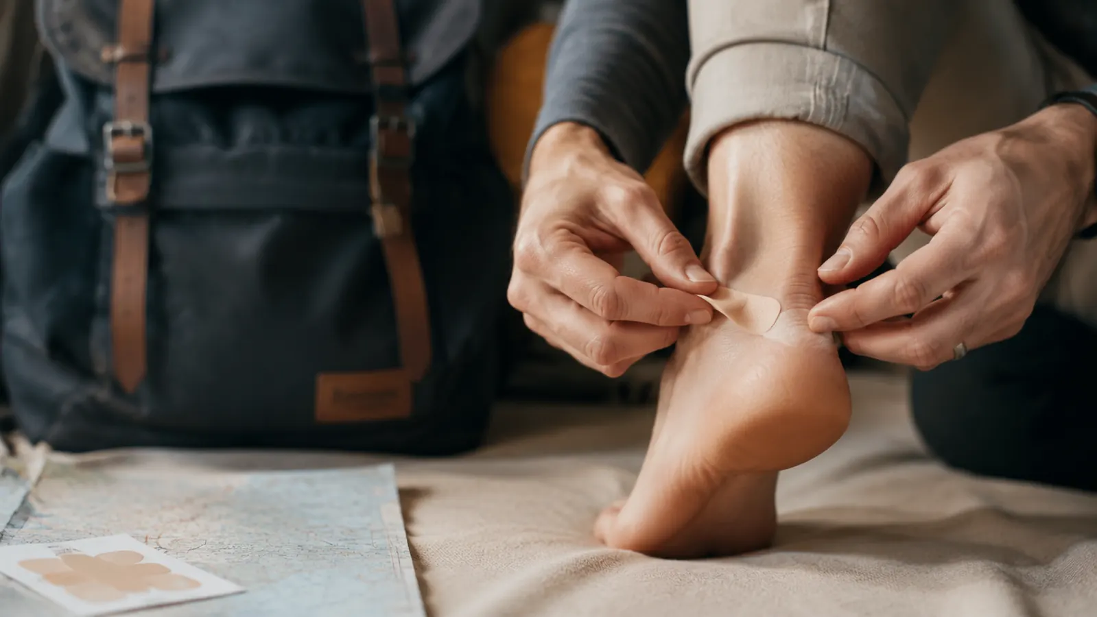 Traveler applying moleskin to a heel before a full day of walking a city