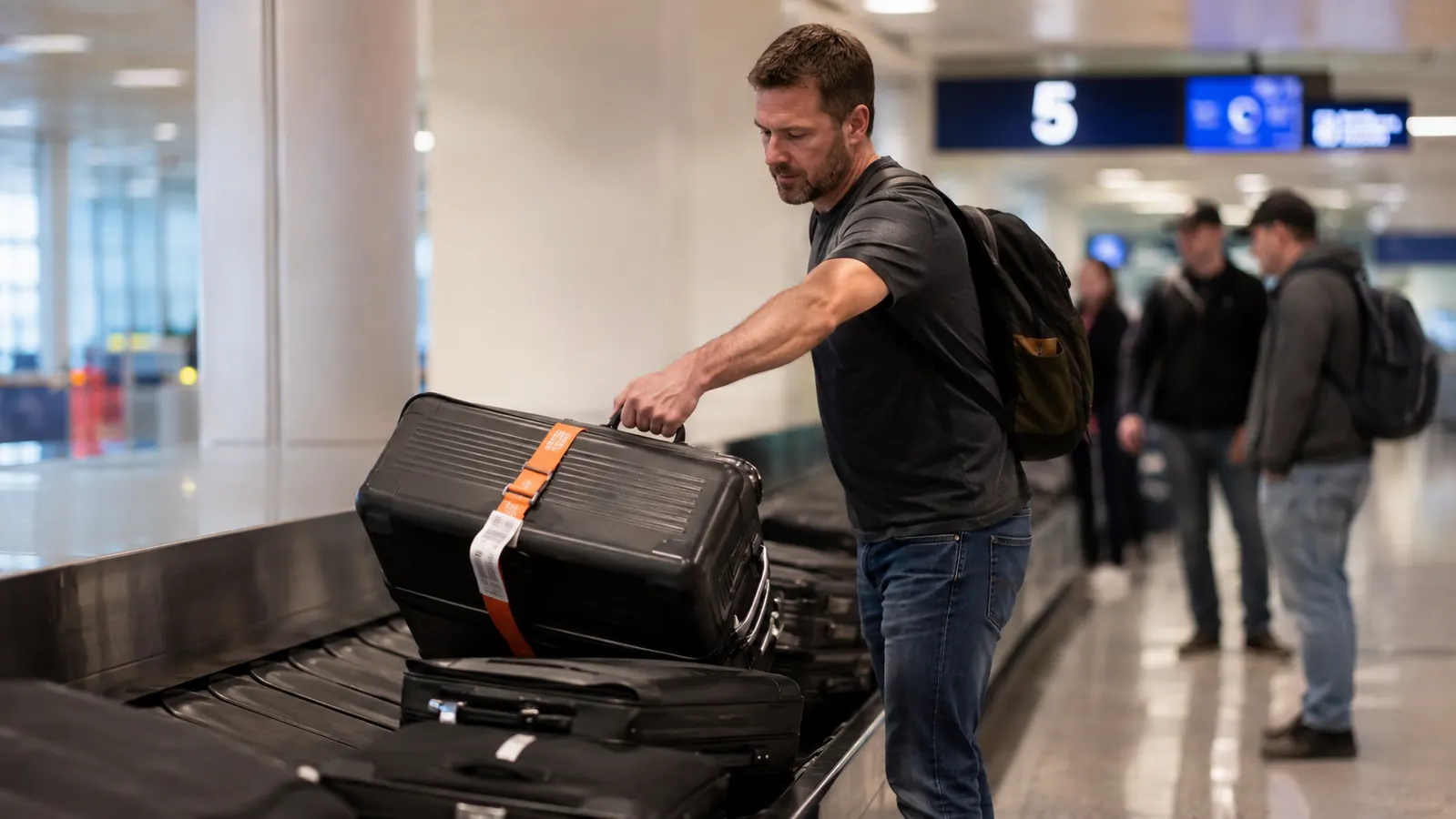 Traveler pulling an easily identifiable suitcase off the carousel with a bright strap and tag visible