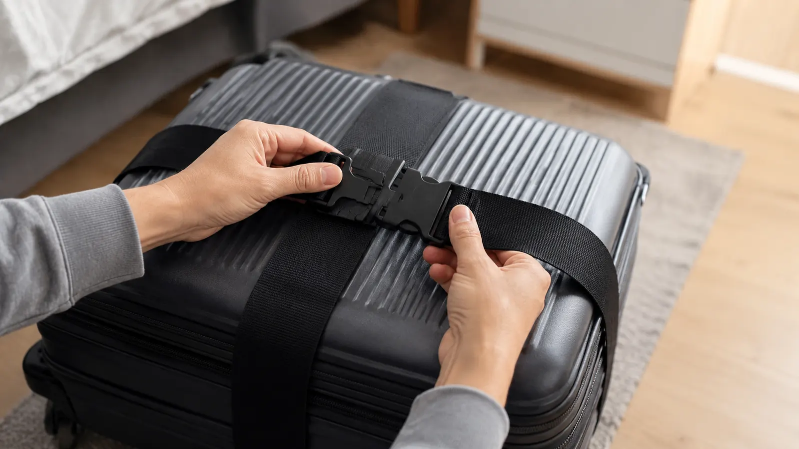 Close-up of hands buckling a TSA-approved luggage strap around a suitcase