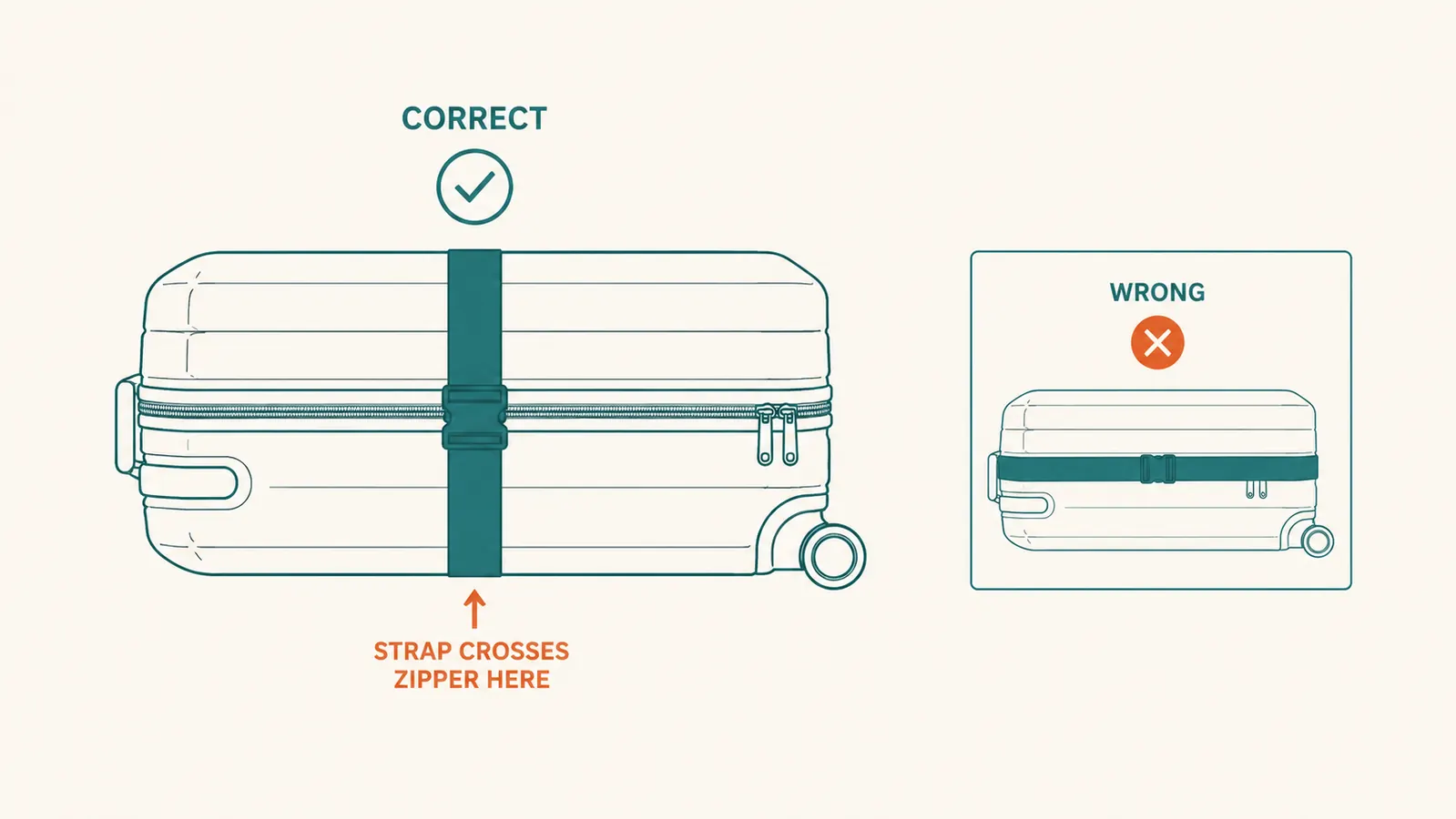 Diagram showing the correct placement of a luggage strap running perpendicular to the suitcase zipper