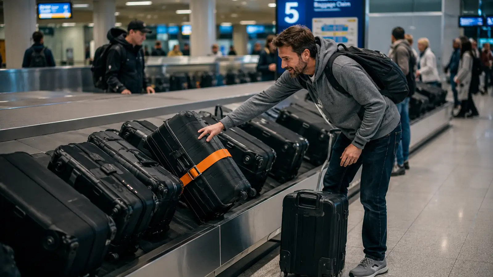 A traveler at a baggage carousel spotting their strapped suitcase among identical black bags