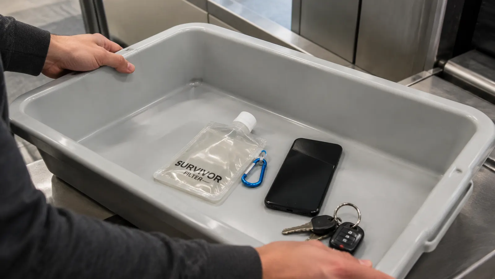Empty collapsible water bottle folded flat going through an airport security tray