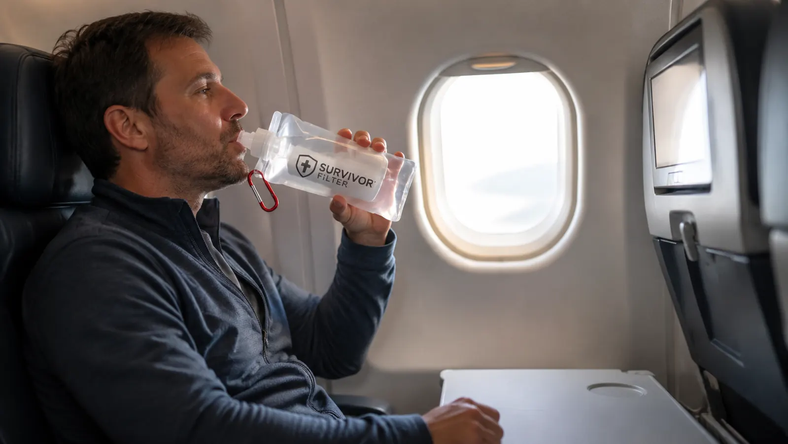 Traveler sipping from a collapsible water bottle in an airplane window seat
