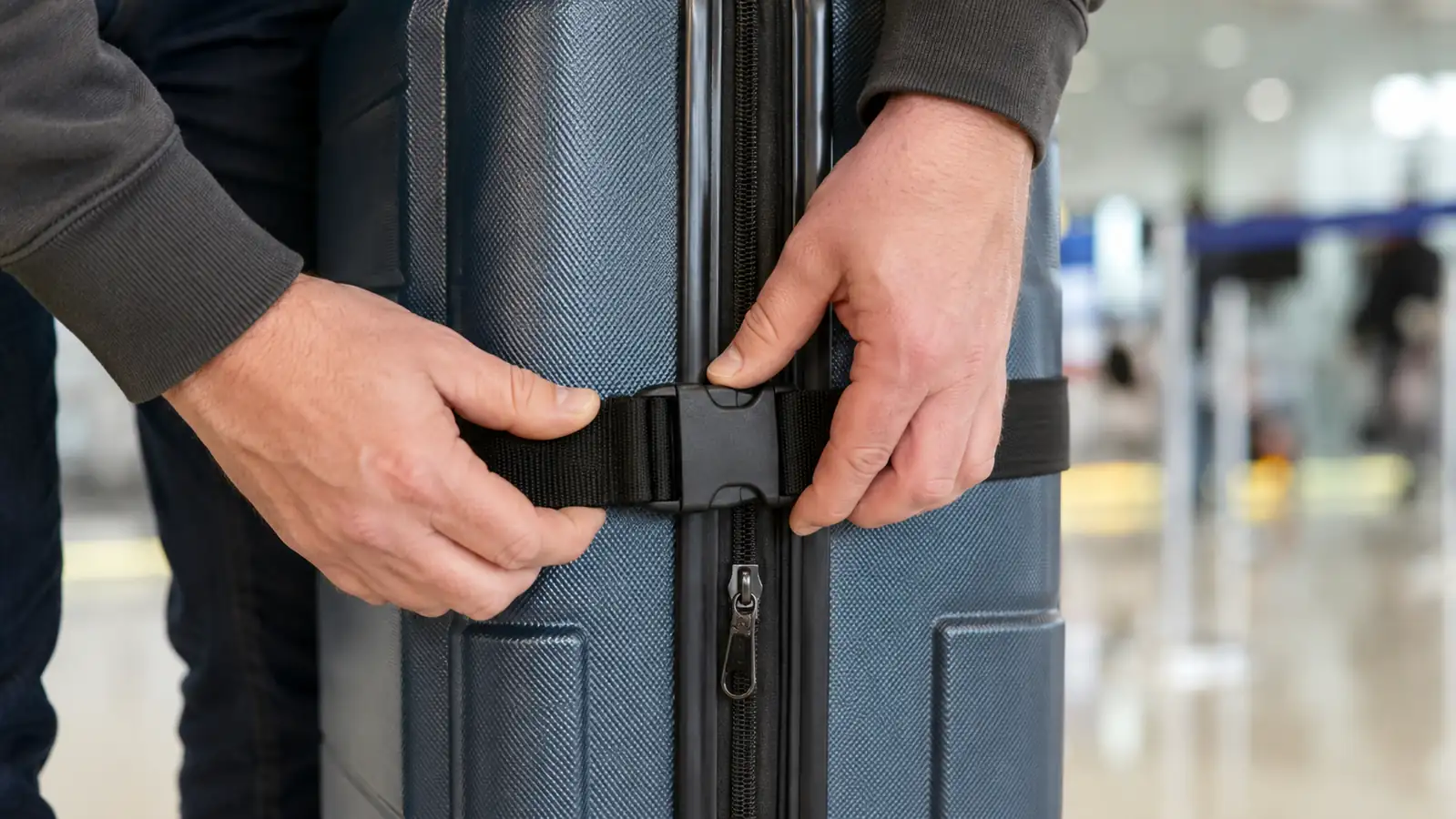 Close-up of hands buckling a black nylon luggage strap around a suitcase with a broken zipper pull visible nearby