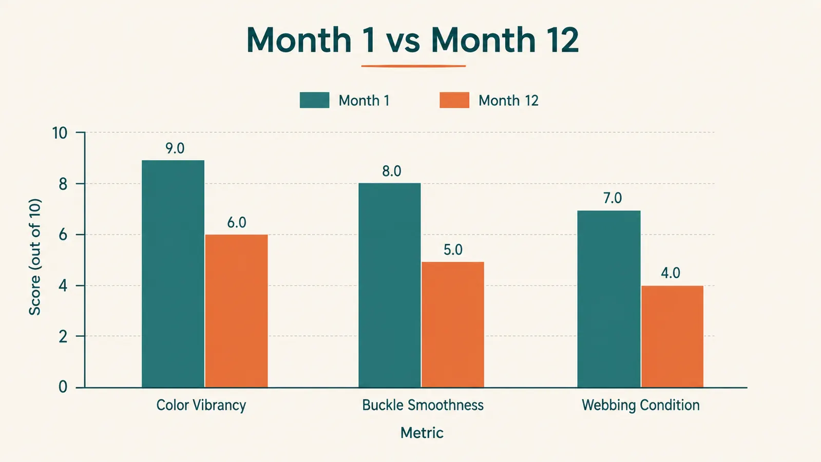 Chart comparing the strap's condition at month 1 versus month 12 across color, buckle stiffness, and webbing fray