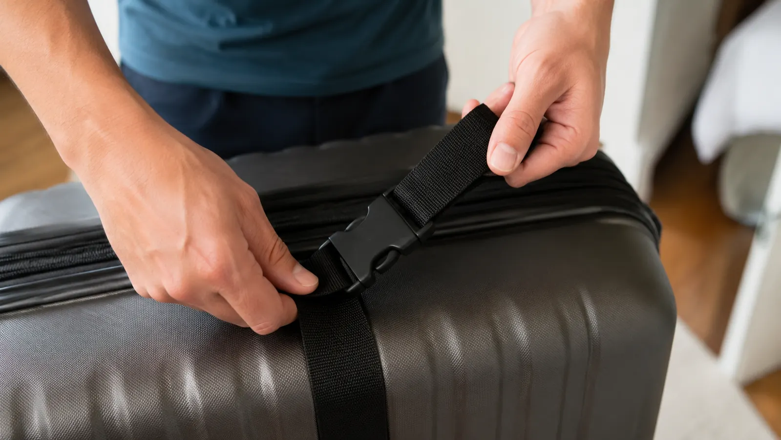 Hand tightening the TSA-approved buckle on a black luggage strap wrapped around a suitcase