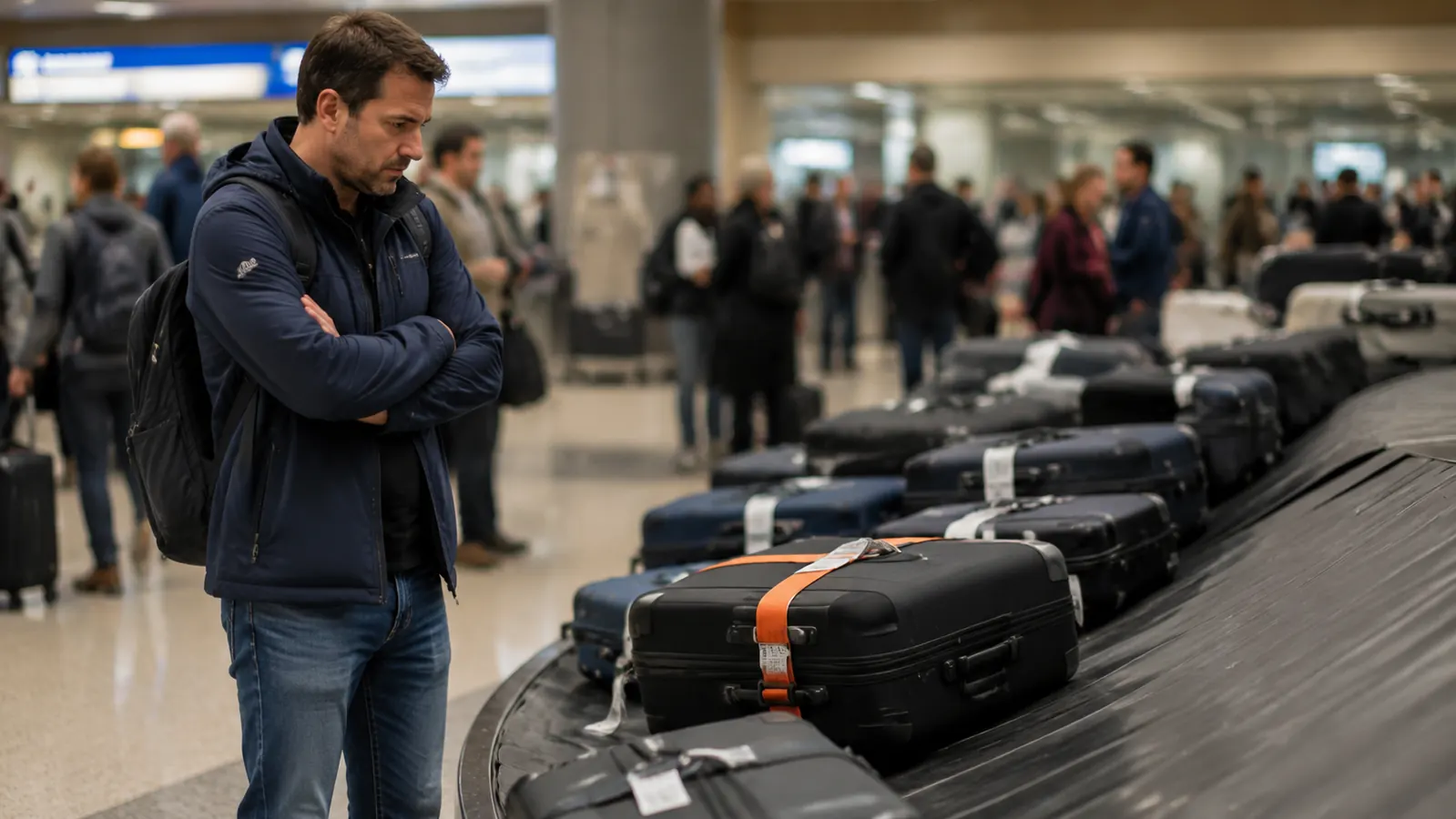 Rows of similar dark suitcases on an airport baggage carousel, one wrapped in a bright strap standing out from the rest
