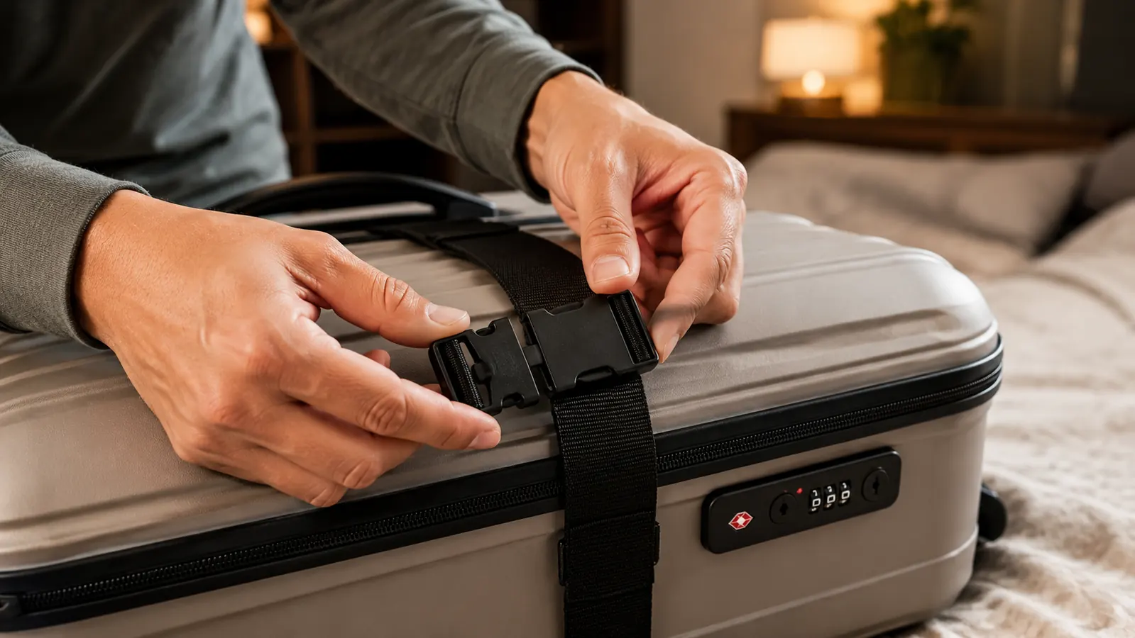 Close-up of hands buckling a TSA-approved luggage strap around a suitcase, cinching it tight over the zipper line