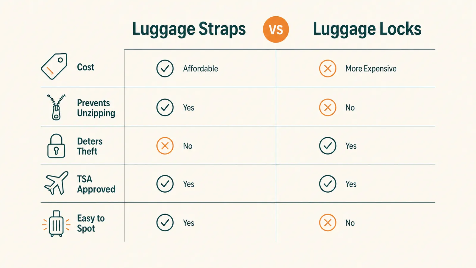 Split comparison chart showing luggage straps versus luggage locks across price, zipper protection, theft deterrence, and airline compliance