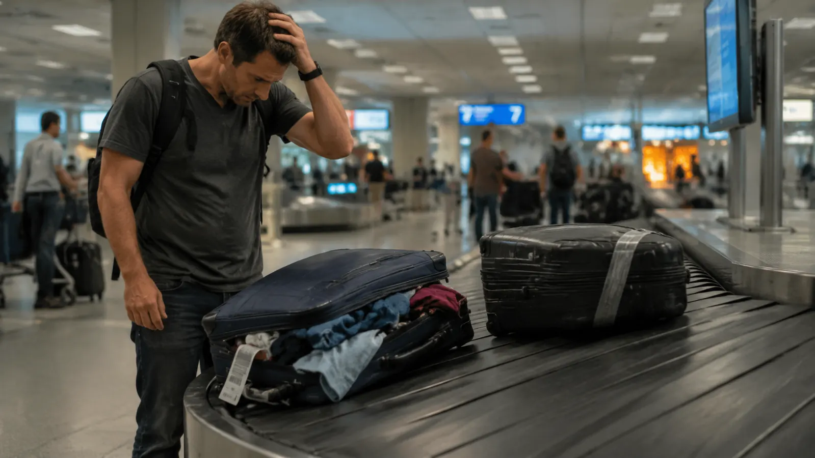 A burst suitcase zipper spilling clothes onto a baggage carousel, with an intact strapped suitcase rolling past unaffected