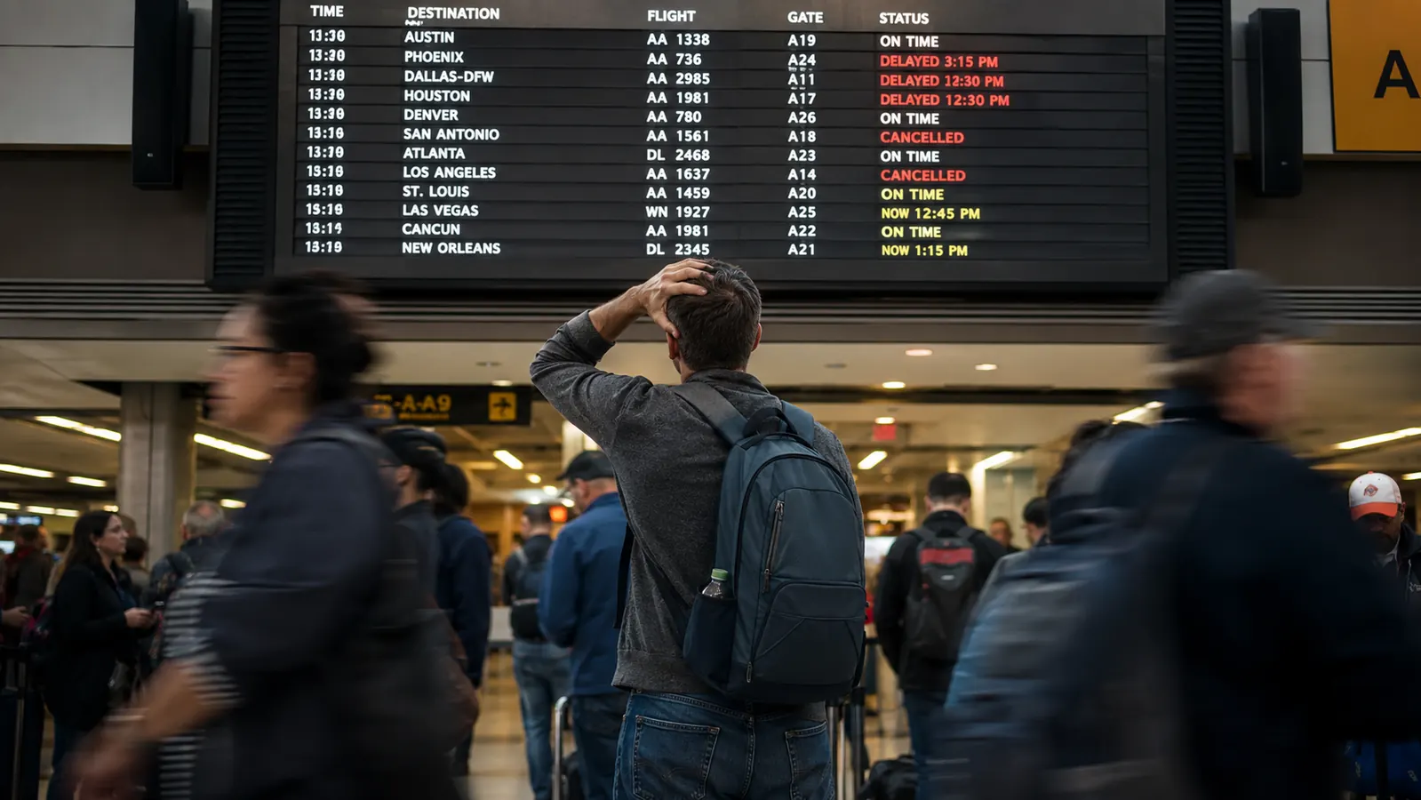 Airport departure board showing a delayed connecting flight, travelers rushing past in the background