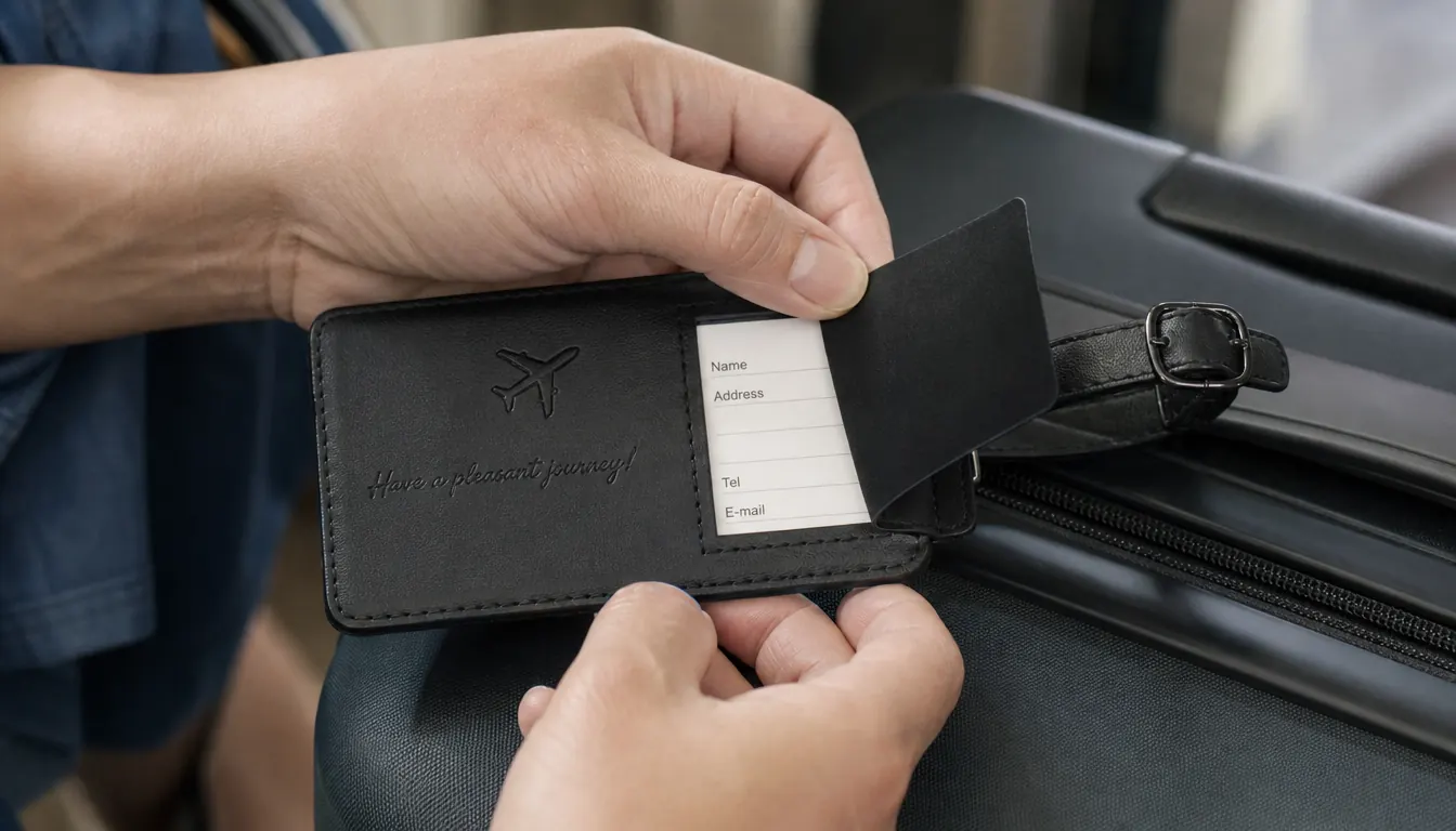 Hand peeling back the privacy flap on a luggage tag to reveal a handwritten name and phone number