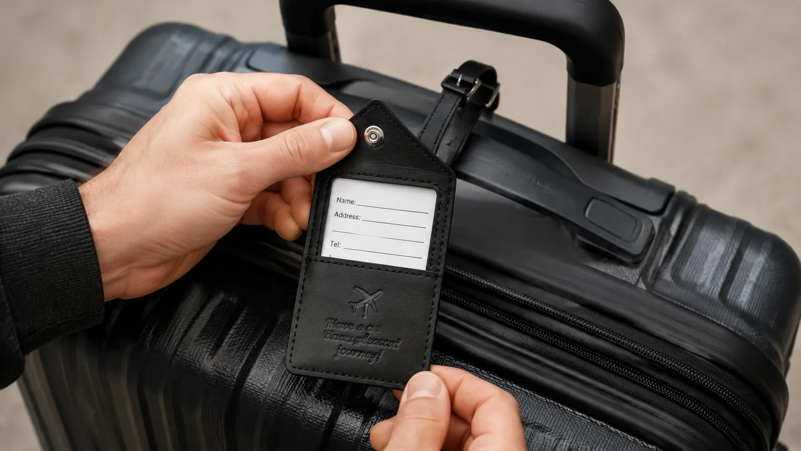 Hand flipping open the privacy cover of a luggage tag to reveal the contact info window underneath