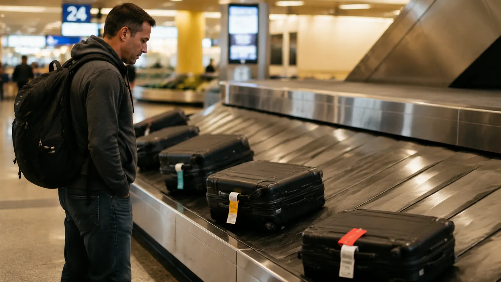 Three suitcases lined up on a baggage carousel, each with a different colored luggage tag clipped on for fast identification