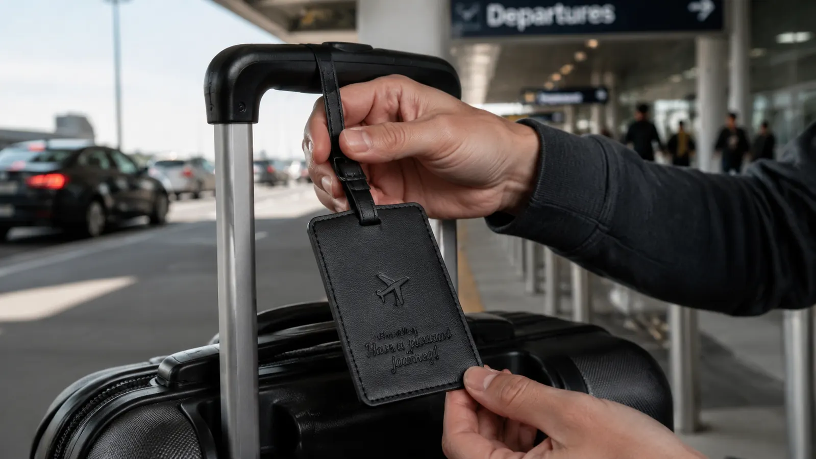 Close-up of a hand clipping a privacy-cover luggage tag onto a suitcase handle before a flight