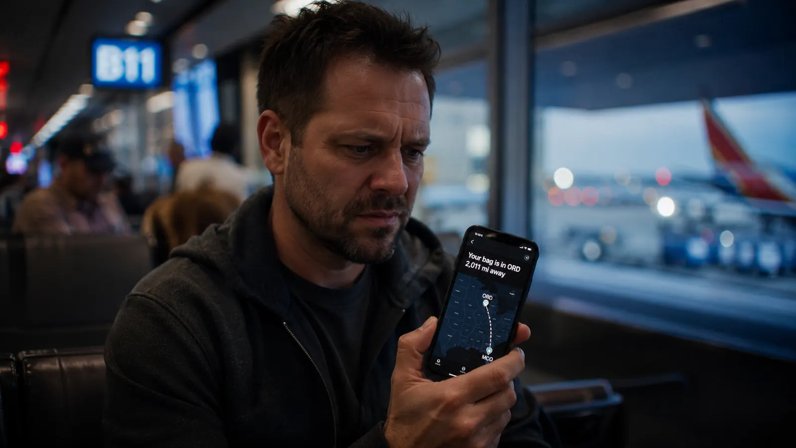 Traveler checking a smartphone tracking app while standing next to luggage that never left the connecting airport
