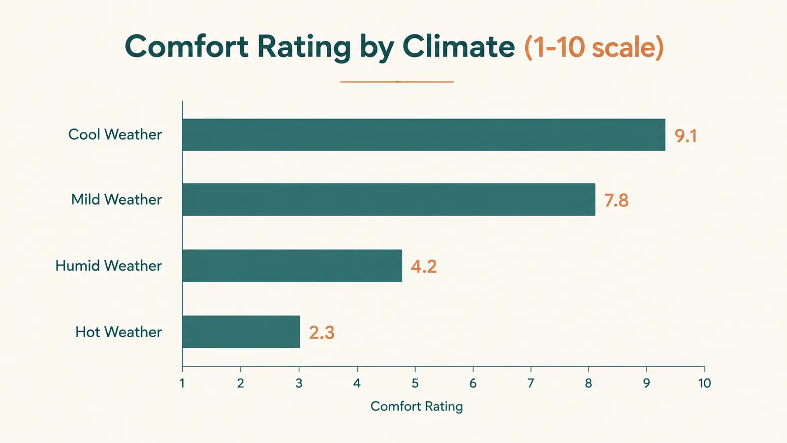 Simple bar chart comparing comfort rating of a money belt across four climates: cool, mild, humid, and hot