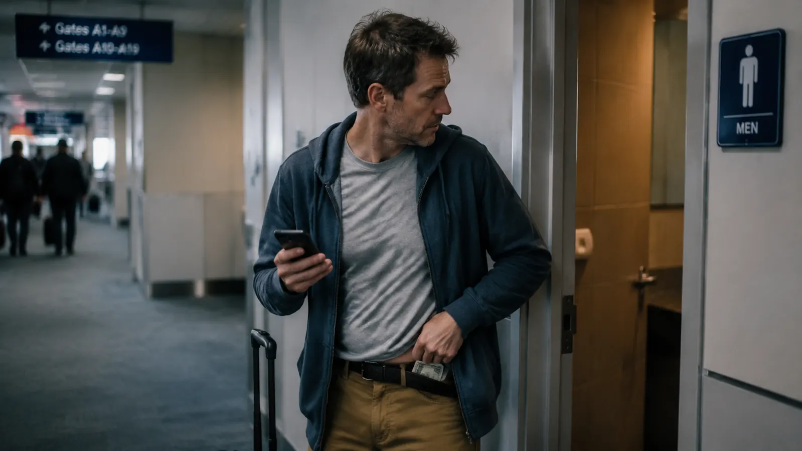 Traveler standing near a public restroom doorway checking a phone, suggesting the awkward moment of accessing a money belt in public