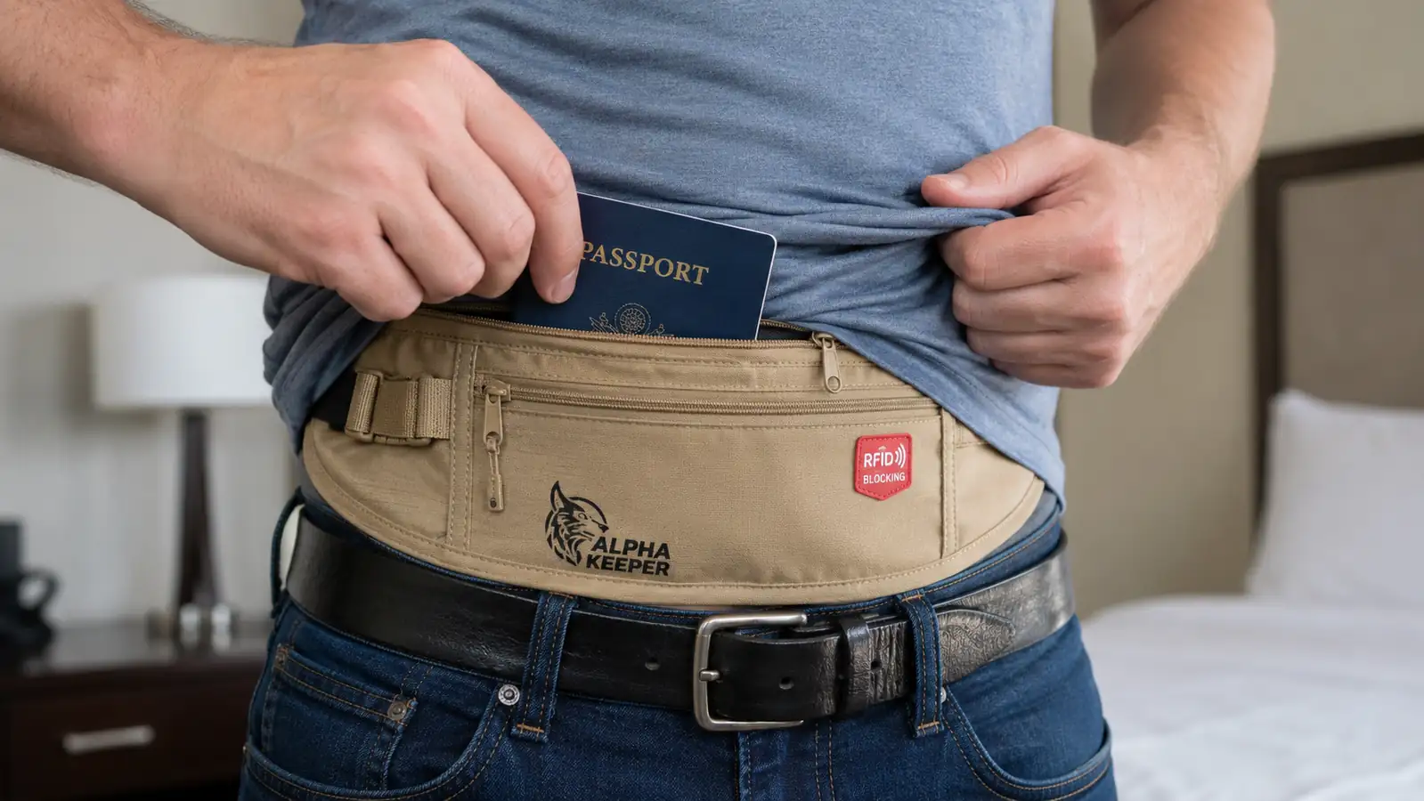 Hand pulling a passport out of the Alpha Keeper money belt's front pocket while worn under clothing