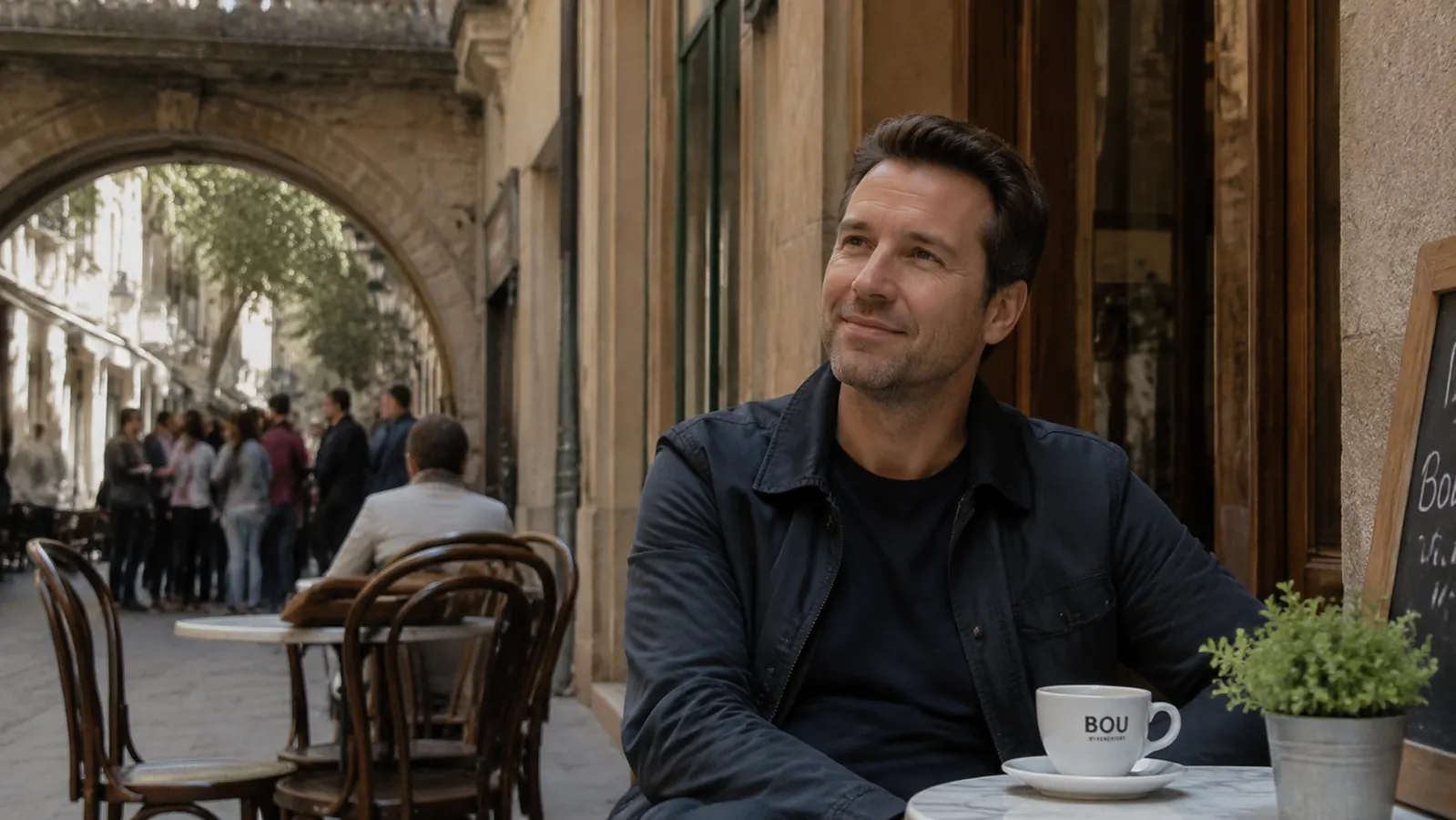 Traveler sitting calmly at an outdoor cafe table after a stressful morning, coffee in hand