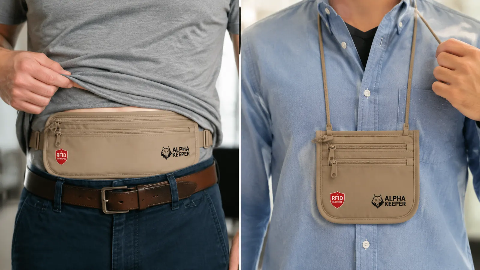 Alpha Keeper money belt worn under clothing versus a neck wallet worn over a shirt, side by side comparison shot